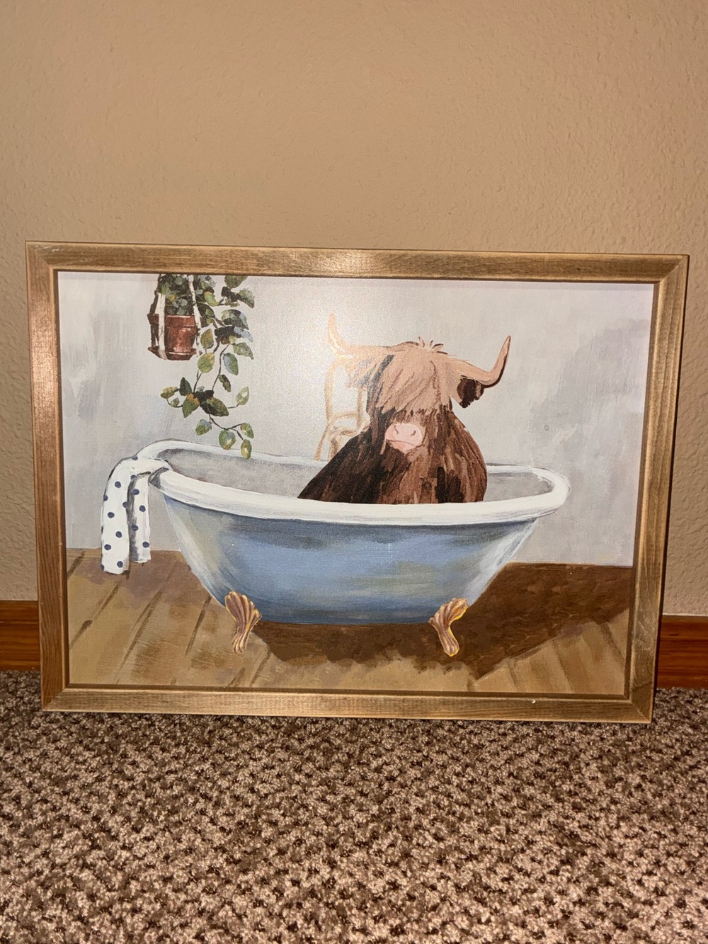Highland Cow in Blue Clawfoot Tub Gold color Framed Wall Art 16 x 12 in.